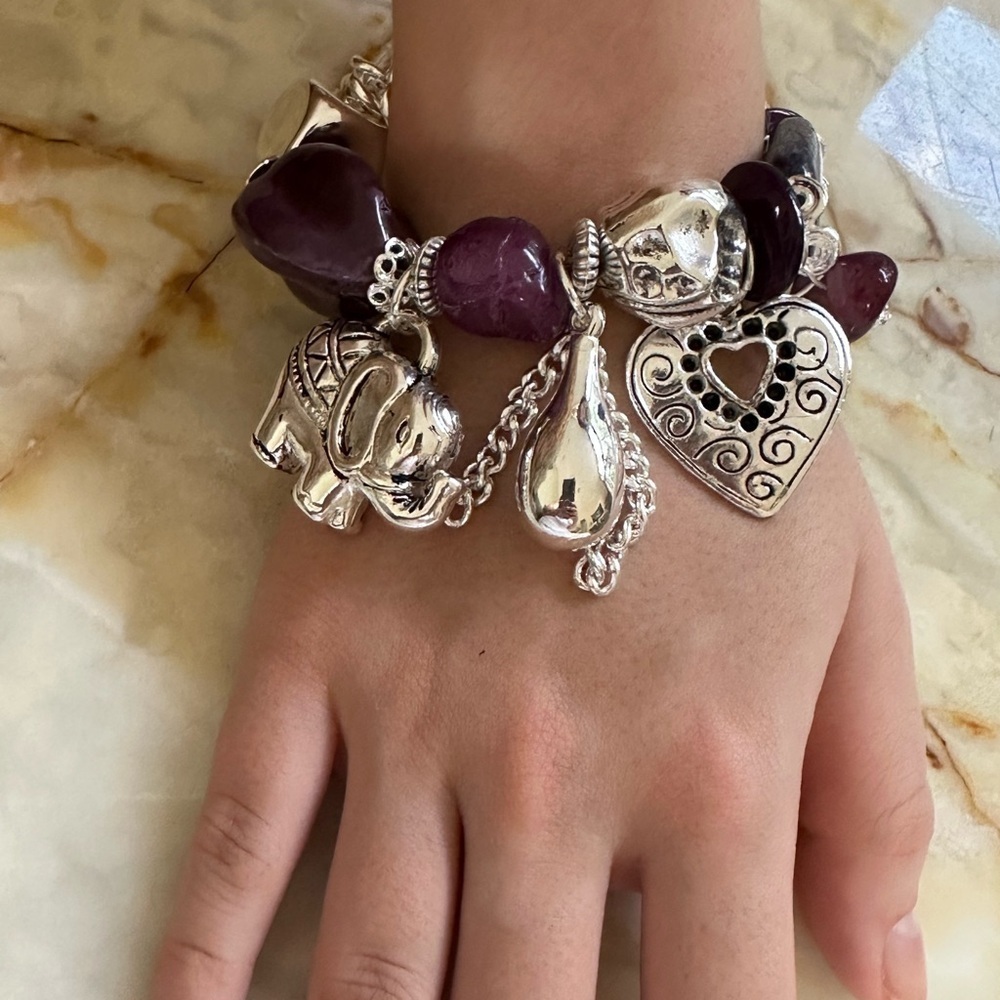 Silver and Purple Charm real stone Bracelet